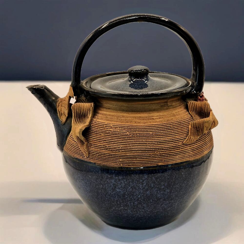 Signed Vintage Ribbed Studio Pottery Teapot with Lid - Floral Berry Accents